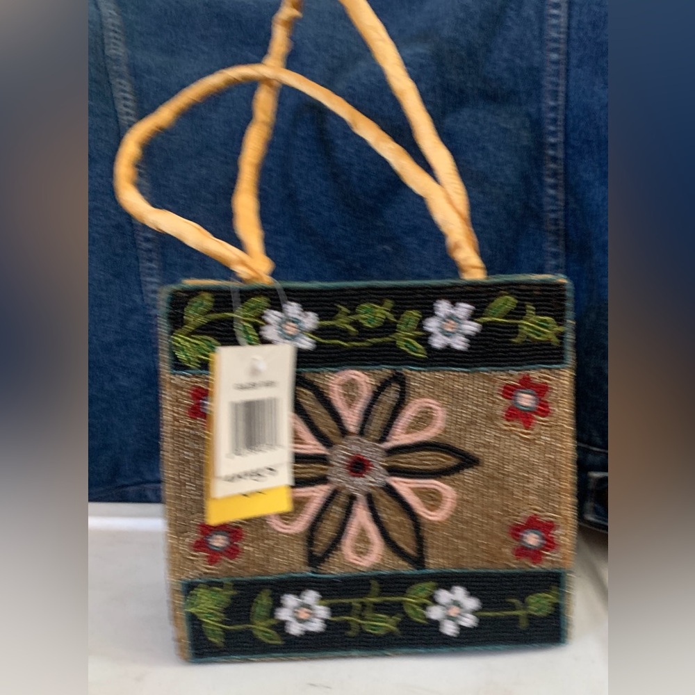 Beaded Floral Handbag with Yellow Handles, NEW with tags